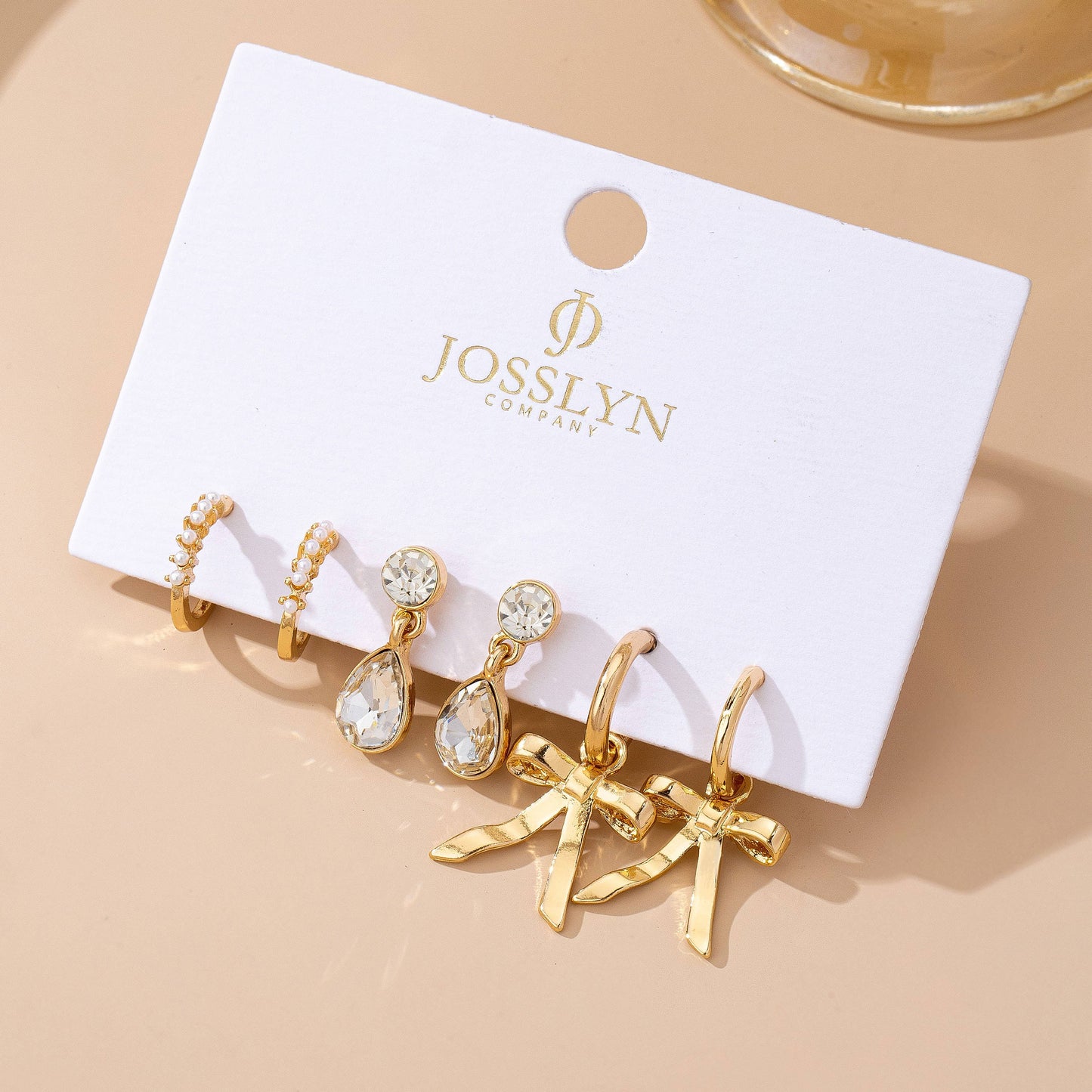 Pearl Crystal Teardrop Bow Trio Earring Set | 80E61791