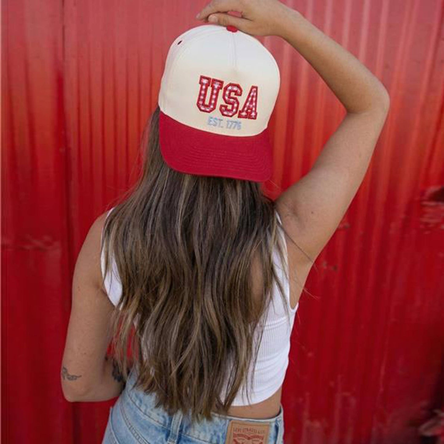 C.C Gingham Check USA EST 1776 Letter Two Tone Trucker Hat
