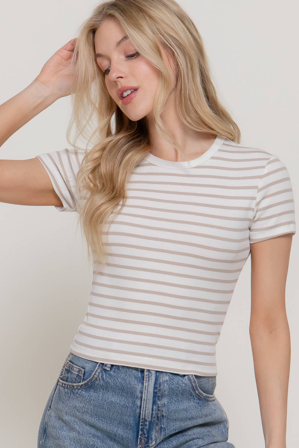 Short Sleeve Crew Neck Stripe Cotton Rib Top